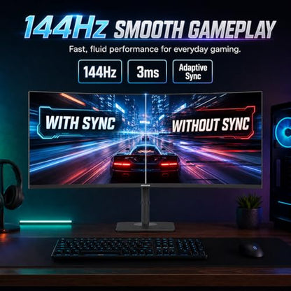 Deco Gear 49 Inch Curved Monitor, 3840x1080 Ultrawide Gaming WDFHD Screen, 144Hz, 32:9, 3ms, 3000:1 VA Display, HDR400, Adaptive Sync, USB-C 65W, HDMI, PIP/PBP, KVM, 1800R, Office & Workstation Setup - size: 49 inch