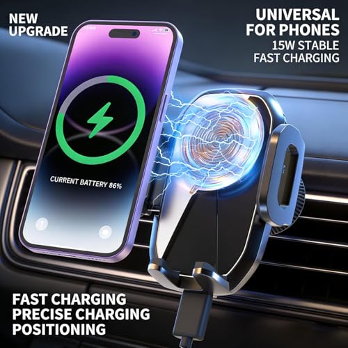 Wireless Car Mount Charger, Phone Holders for Your Car, 15W Auto Clamping Phone Mount for iPhone 16 15 14 13 12 Mini Pro Max 11 XR XS, Samsung Galaxy S24 Ultra S23 S22+ Note 20, etc