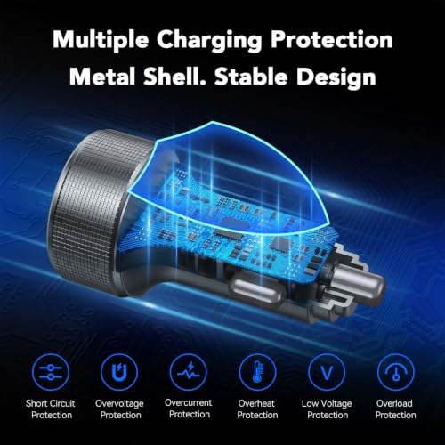 4-Port USB C Car Charger with 3.3ft USB C Cable, 78W Metal Fast Charging Car Charger Adapter with Voltage Display, Aluminum Alloy Car Phone Charger for iPhone 17/16/15 Pro Max, Samsung Galaxy, iPad