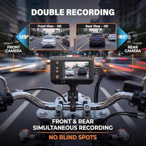 CAMECHO Motorcycle Dash Cam Front and Rear, HD Dual Dash Camera for Cars, 2 inch Display, Waterproof, G-Sensor, HDR, Loop Recording, Dashcam, Wired Controller