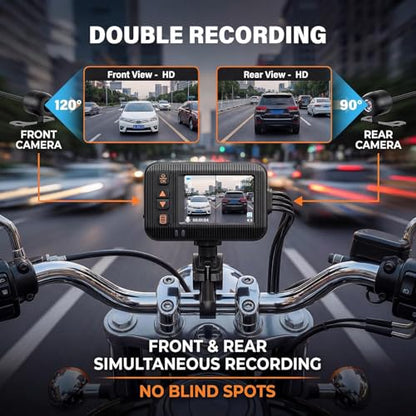 CAMECHO Motorcycle Dash Cam Front and Rear, HD Dual Dash Camera for Cars, 2 inch Display, Waterproof, G-Sensor, HDR, Loop Recording, Dashcam, Wired Controller