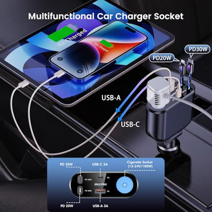 OHLPRO Retractable Car Charger Cigarette Lighter Adapter, 168W 5 in 1 Fast Phone Charging Built-in Replaceable Fuse, Socket Splitter with USB C and USB i Cord, Fit for Phone iPad Galaxy GPS, Black - size: USB-C+USB-i