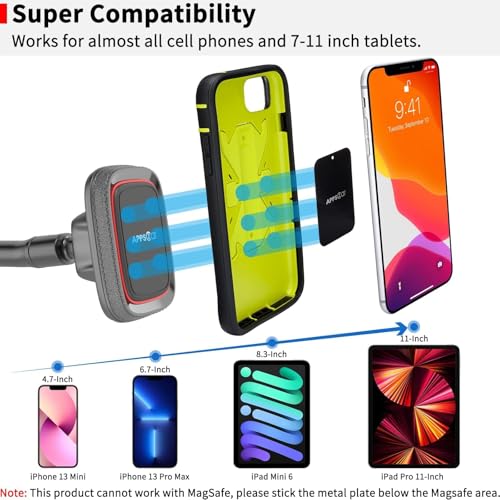 APPS2Car Magnetic Phone Holder for Car, 14-Inch Windshield Phone Mount - color: Black- Magnetic
