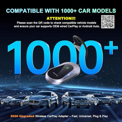 2026 Wireless CarPlay Adapter & Android Auto Wireless Adapter, Universal Plug & Play USB/Type-C, Titanium Alloy Fast Heat Dissipation, LED Music Sync Light, Fits 1000+ Car Models