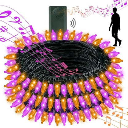 Tcamp Battery Operated Halloween Lights Motion Activated Sync with Music - color: Orange + Purple, size: 33ft 100LED