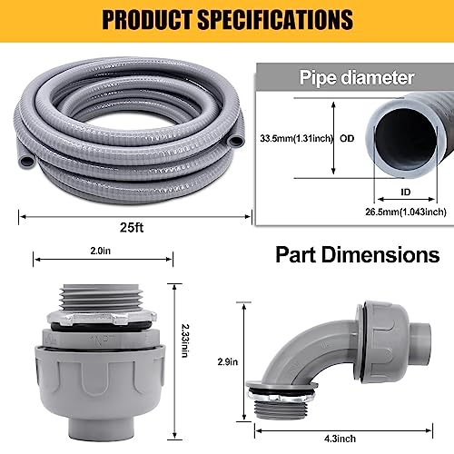 Liquid-Tight Conduit 1inch 25 Foot, Flexible Non Metallic Liquid Tight Electrical Conduit and Connector Kit, with 5 Straight and 3 90-Degree Connector Fittings, 1" Dia - size: 1inch 25Ft
