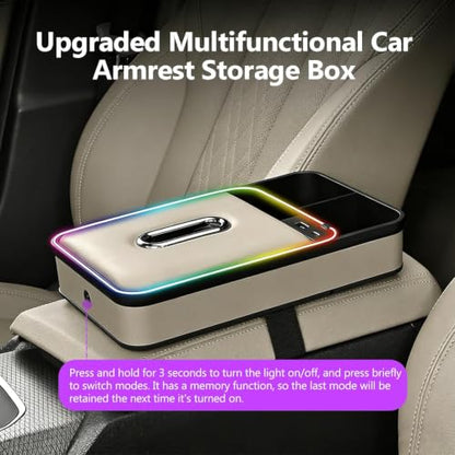 Car Armrest Storage Box with LED Ambient Light, USB/PD Fast Charging, Eco-Friendly Microfiber Leather Tissue Holder, Multifunction Center Console Organizer for Cars, SUVs, and Trucks (Beige)