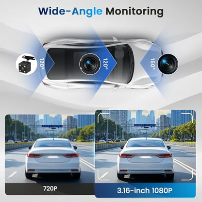 3.16-inch 1080P Dash Cam Front and Rear Inside Left/Right, 4 Channel Dash Camera for Cars, IR Lamp Night Vision Loop Recording Motion Detection Reversing Assistant+ 64GB SD Card