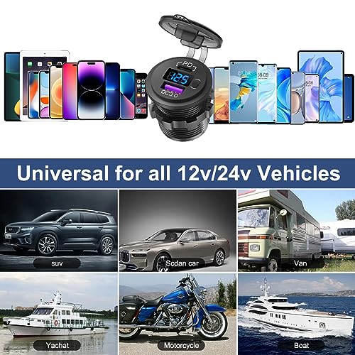 Hapytrip 12V USB C Car Charger Socket, 38W PD 3.0 & QC 3.0 Car USB Port, Waterproof 12 Volt USB Outlet with Power Switch Voltmeter for Car Marine Truck RV - color: Plastic