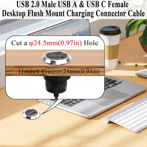 QIANRENON 2 in 1 USB & USB C Threaded Fixed Mount Charging Connector Cable USB2.0 Male to Type A + Type C Female Desktop Embedded Mount Adapter Cable 5V 2A, for Furniture/Office Desk, 1.5m/4.9ft