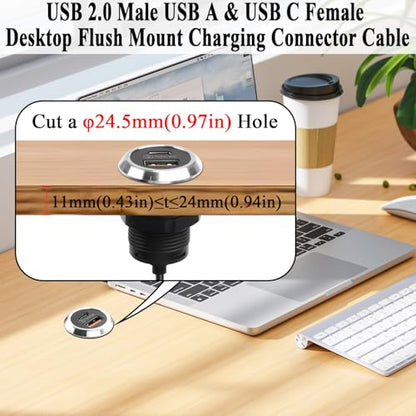 QIANRENON 2 in 1 USB & USB C Threaded Fixed Mount Charging Connector Cable USB2.0 Male to Type A + Type C Female Desktop Embedded Mount Adapter Cable 5V 2A, for Furniture/Office Desk, 1.5m/4.9ft