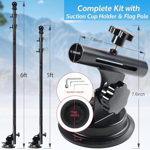 Flag Pole Kit with Suction Cup Holder - 5ft Stainless Steel Flagpole, 400lbs Suction Secure Mount with 0-90 °Adjustable Angle - No Drill, Rustproof for Outdoor Camper,Rv, Boats,Truck,Suvs - size: 5ft