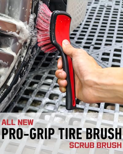oesee 8PCS Wheel Cleaning Kit with Microfiber Brush & Rubber Grip Tire Brush, Twist Loop Drying Towel, Detailing Brush, Applicator for Car Rim and Tire Care - color: Red & Black