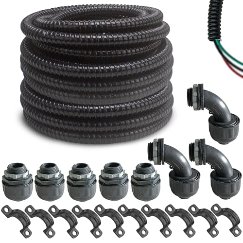 (1/2" Dia * 50 Feet) Yariwiz Black Special Extra Flexible Electrical Conduit Liquid Tight PVC Conduit Kit with 5 PCS Coupling, 3 PCS Elbow and 10 PCS Strap, Sealtight Seal Flex Liquidtight Wire - style: 1/2 inch-50ft-Kit