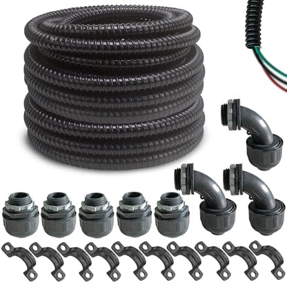 (1/2" Dia * 50 Feet) Yariwiz Black Special Extra Flexible Electrical Conduit Liquid Tight PVC Conduit Kit with 5 PCS Coupling, 3 PCS Elbow and 10 PCS Strap, Sealtight Seal Flex Liquidtight Wire - style: 1/2 inch-50ft-Kit
