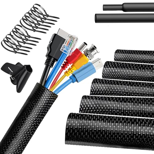Automotive Split Wire Loom Braided Cable Sleeve, High Temperature 300°F Heat Resistant & Flame Retardant, Self-Wrapping Wire Harness Protector Car Cable Management (Black, 1/2"-50Feet) - color: Black, size: 1/2"-50Feet