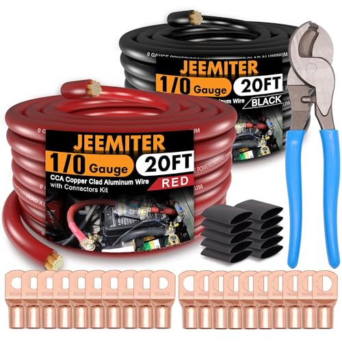 Jeemiter 1/0 Gauge CCA Wire Kit 20ft Red & Black - Car Amp Power/Ground Cable,Battery Cable with Wire Cutter,Lug Terminal Connectors & Heat Shrink Tube | for Big 3 Upgrade,Solar,RV,Marine,Subwoofer - size: 40FT Wire + Cutter