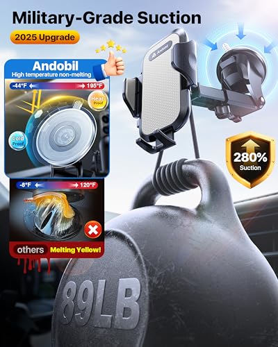 andobil Car Phone Holder, 2026 Military-Grade 89lbs Strongest Suction Phone Holders for Your Car Dashboard/Windshield/Vent Easy Clamp Cellphone Holder Truck Stand for iPhone 17 16 15 Pro Samsung Grey - color: Grey