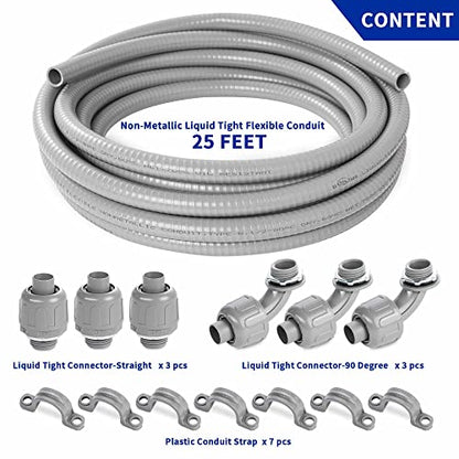 (1/2" Dia * 25 Feet) Yariwiz Flexible Electrical Conduit Liquid Tight PVC Conduit Kit with 3 PCS Coupling, 3 PCS Elbow and 7 PCS Strap, Sealtight Seal Flex Liquidtight Wire Outdoor Non Metallic Grey - style: 1/2"-25ft Kit-Grey
