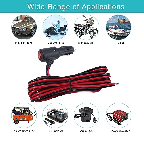 12V 12Volt Fused Replacement Cigarette Lighter Male Plug with On Off Switch - 12FT 12Volt 15amp Male Cigarette Lighter Plug with Bare Wire,12V Cooler Cigarette Plug Replacement with Led Lights - size: 12FT