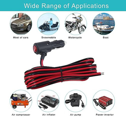 12V 12Volt Fused Replacement Cigarette Lighter Male Plug with On Off Switch - 12FT 12Volt 15amp Male Cigarette Lighter Plug with Bare Wire,12V Cooler Cigarette Plug Replacement with Led Lights - size: 12FT