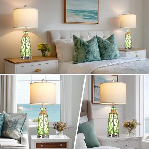 Ruzectt 25.5" Green Glass Table Lamps Set of 2, 3-Way Dimmable Touch Control Bedside Lamps with 2 USB Ports and AC Outlet, Coastal Nightstand Lamp for Bedroom Living Room (LED Bulbs Included) - color: Green