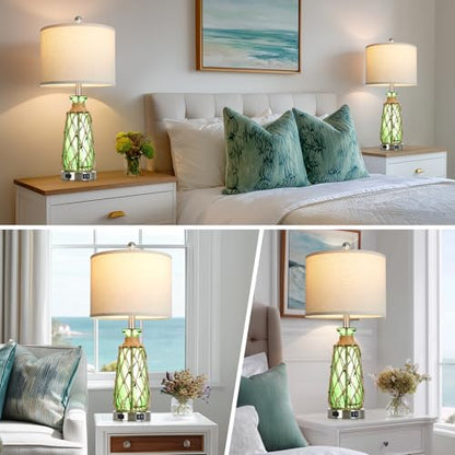 Ruzectt 25.5" Green Glass Table Lamps Set of 2, 3-Way Dimmable Touch Control Bedside Lamps with 2 USB Ports and AC Outlet, Coastal Nightstand Lamp for Bedroom Living Room (LED Bulbs Included) - color: Green