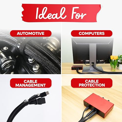 XFasten Cord Protector 1/2 Inch 25ft - PET Expandable Braided Cable Sleeve - Pet Chew Proof Wire Loom for Audio, Video, PC, TV, Automotive Wire Management, Puppy, Cat Proof Black Cable Wrap for Cords