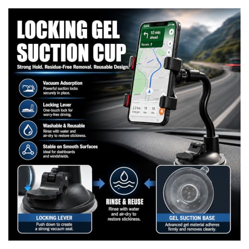 Car Windshield Suction Cup Phone Holder, 360° Rotation Auto Window Cell Phone Mount with Long Arm Clamp, Universal Anti-Shake Vehicle Dash Mobile Phones Holder for All Smartphones (Black)