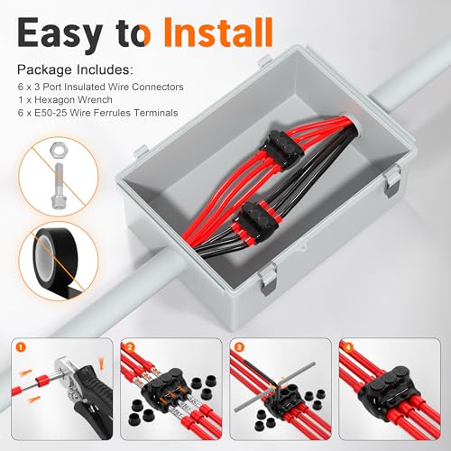 3 Port Aluminum to Copper Wire Connectors Dual Entry 2/0-6 Gauge Wire Connectors Insulated Multi Tap Connector Aluminum Wire Connector with Slotted Allen Hex - 6 Pack - size: 2/0-6 AWG