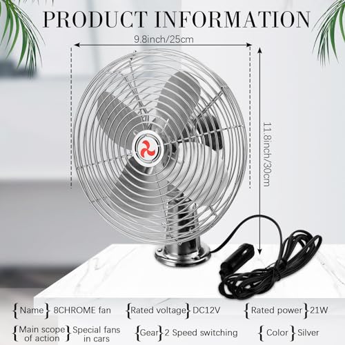 Tujoe 2 Pcs 12V Car RV Cooling Fan with 2 Speed Switch Heavy Duty Metal Fans with Cigarette Lighter for Cars Trucks Van RV Boat and Buses(8 Inch,Silver) - color: Silver