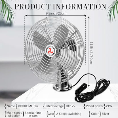 Tujoe 2 Pcs 12V Car RV Cooling Fan with 2 Speed Switch Heavy Duty Metal Fans with Cigarette Lighter for Cars Trucks Van RV Boat and Buses(8 Inch,Silver) - color: Silver