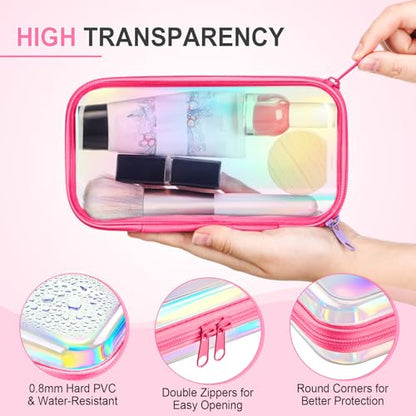 Hoolerry 4 Pcs Hard Clear Zipper Case,Clear,7.5 X 3.9 X 2 In,Pink Laser - color: Pink Laser, size: 7.5 x 3.9 x 2 in