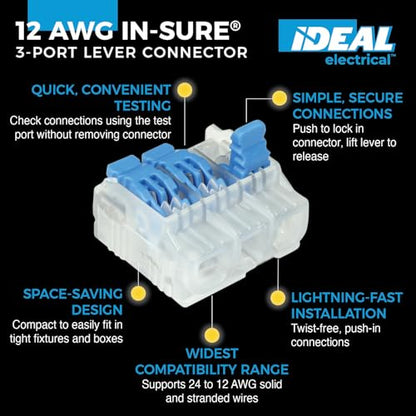Ideal Electrical in-Sure Lever Wire Connector,12 AWG, 3-Port (30-05L23), Bag of 50—Compact Releasable Connectors for Solid and Stranded Wires