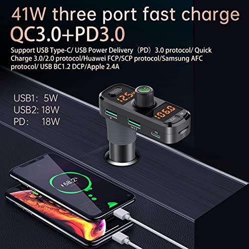 Bluetooth 5.0 Car Change Radio Receiver with 2 Stronger Microphones, 41W PD QC 3.0 USB Car Charger, Aux in/Out Wireless Audio Music Adapter, with Hands Free Calls and Voice Assistant