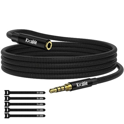 Kxable 3.5mm Headphone Extension Cable 25FT, 4 Pole TRRS 1/8 inch Male to Female Stereo Audio Cord, Nylon Braided, Microphone Compatible, for Headphone, iPad, Smartphone, Media Players, Tablet- Slim - size: 25FT