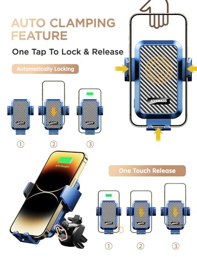 Wireless Car Charger, JOYMASS 15W Fast Charging Auto Clamping Car Charger Cell Phone Holder Mount Vent for iPhone 15 14 13 12 Mini Pro Max, Samsung Galaxy S24 Ultra S23 S22 S21+ Note 20, etc - Blue - color: BLUE