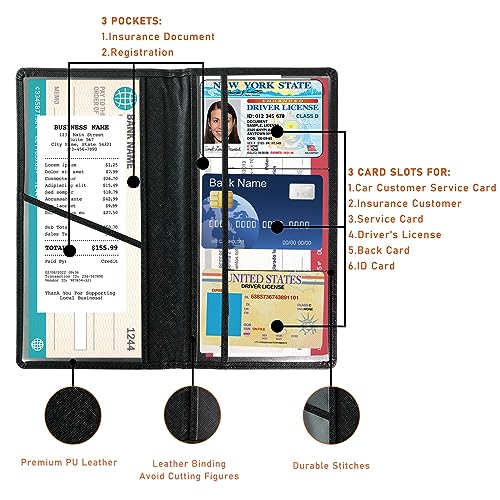 Kewucn Car Registration and Insurance Card Holder, Leather Auto License Document Glove Box Compartment Organizer, Essentials Vehicle Wallet Case for Driver License, ID Card (Cross Black) - color: Large-Cross Black