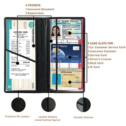 Kewucn Car Registration and Insurance Card Holder, Leather Auto License Document Glove Box Compartment Organizer, Essentials Vehicle Wallet Case for Driver License, ID Card (Cross Black) - color: Large-Cross Black