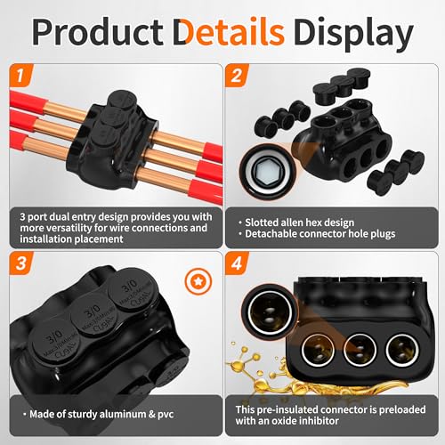 3 Port Aluminum to Copper Wire Connectors Dual Entry 2/0-6 Gauge Wire Connectors Insulated Multi Tap Connector Aluminum Wire Connector with Slotted Allen Hex - 6 Pack - size: 2/0-6 AWG