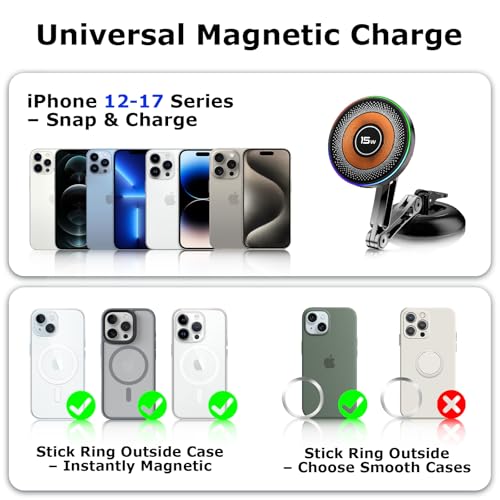 15W Magsafe 자동차 마운트 충전기용, 진공 360° 조절 가능한 금속 헤드가 있는 마그네틱 무선 자동차 마운트 충전기 [54.4kg(120파운드) 강력한 흡입력], 아이폰 12–17 시리즈용 차량용 휴대폰 홀더