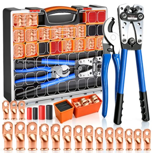 mankk Heavy Duty Crimper Tool Kit, Bare Copper Lugs AWG8-1/0 - color: Hx-50b Crimper + 230pcs Lugs + Cutter