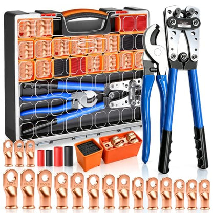 mankk Heavy Duty Crimper Tool Kit, Bare Copper Lugs AWG8-1/0 - color: Hx-50b Crimper + 230pcs Lugs + Cutter