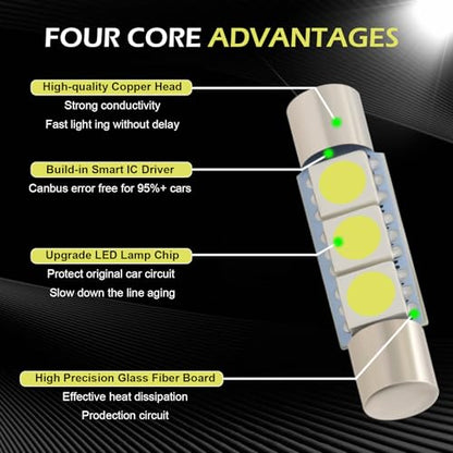 10 PCS Car T6 Vanity Mirror Sun Visor LED Light, 5050-3SMD 12V Flat Head Dual Tip 180 Degree Lighting Reading Lamp, Plug and Play Interior Lighting Kit, Suitable for Most Cars (White)