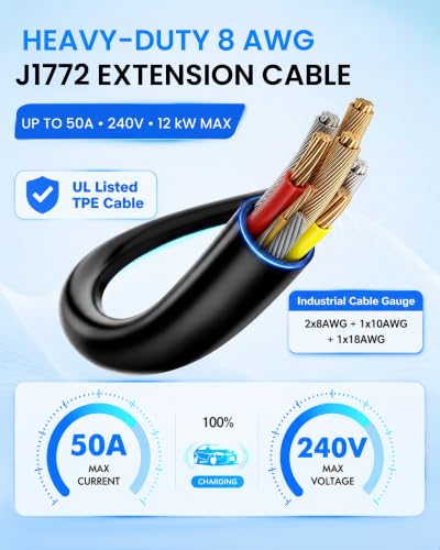 50A 50FT J1772 EV Extension Cable, Level 2 EV Charger Extension Cord, Heavy-Duty 240V EV Extension Cable for Fast Charging (50FT) - size: 50FT 50A