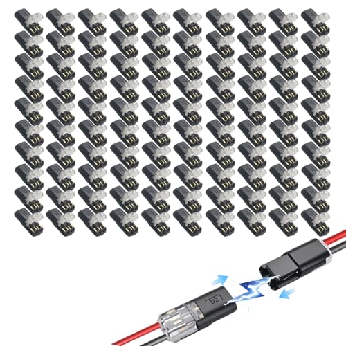100Pcs Double Wire Plug in Connector with Locking Buckle, Low Voltage Quick Snap Connectors, No Stripping, Flame Retardant, for 18-22 AWG for DIY Strip Lights, Model, Car, Speaker