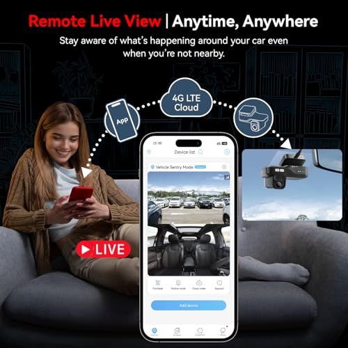 4G LTE Dash Cam with Live View, 2K+1080P Front Inside Anti-Theft Car Camera Live Streaming, Instant Alert via App, Cloud & SD Storage, IR Night Vision, No Screen, 24/7 Parking Mode, GPS, OBD