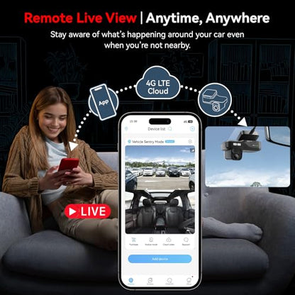 4G LTE Dash Cam with Live View, 2K+1080P Front Inside Anti-Theft Car Camera Live Streaming, Instant Alert via App, Cloud & SD Storage, IR Night Vision, No Screen, 24/7 Parking Mode, GPS, OBD