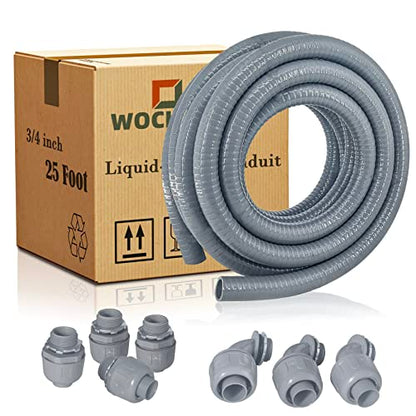 Liquid-Tight Conduit - 3/4inch 25 Foot Flexible Non Metallic Liquid Tight Electrical Conduit Kit, With 4 Straight and 3 90-Degree Conduit Connector Fittings.3/4" Dia - size: 3/4inch 25Ft