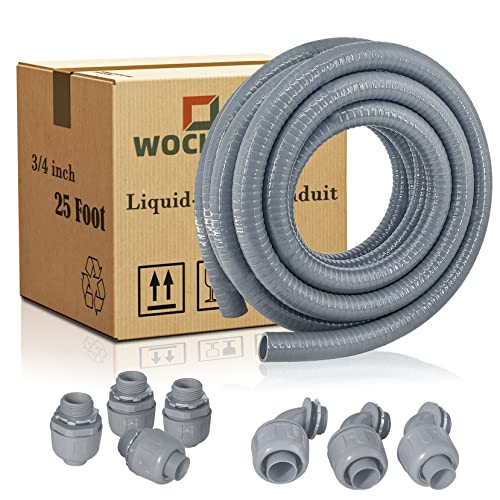 Liquid-Tight Conduit - 3/4inch 25 Foot Flexible Non Metallic Liquid Tight Electrical Conduit Kit, With 4 Straight and 3 90-Degree Conduit Connector Fittings.3/4" Dia - size: 3/4inch 25Ft